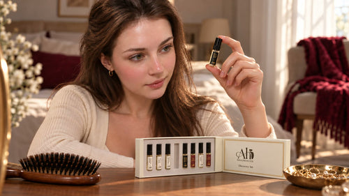 Woman at a dressing table holding a 3ml perfume sample from an open AH Fragrances Discovery Set