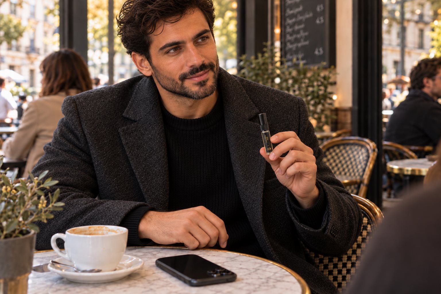 Man at a café table holding a 3ml perfume sample spray for a top-up