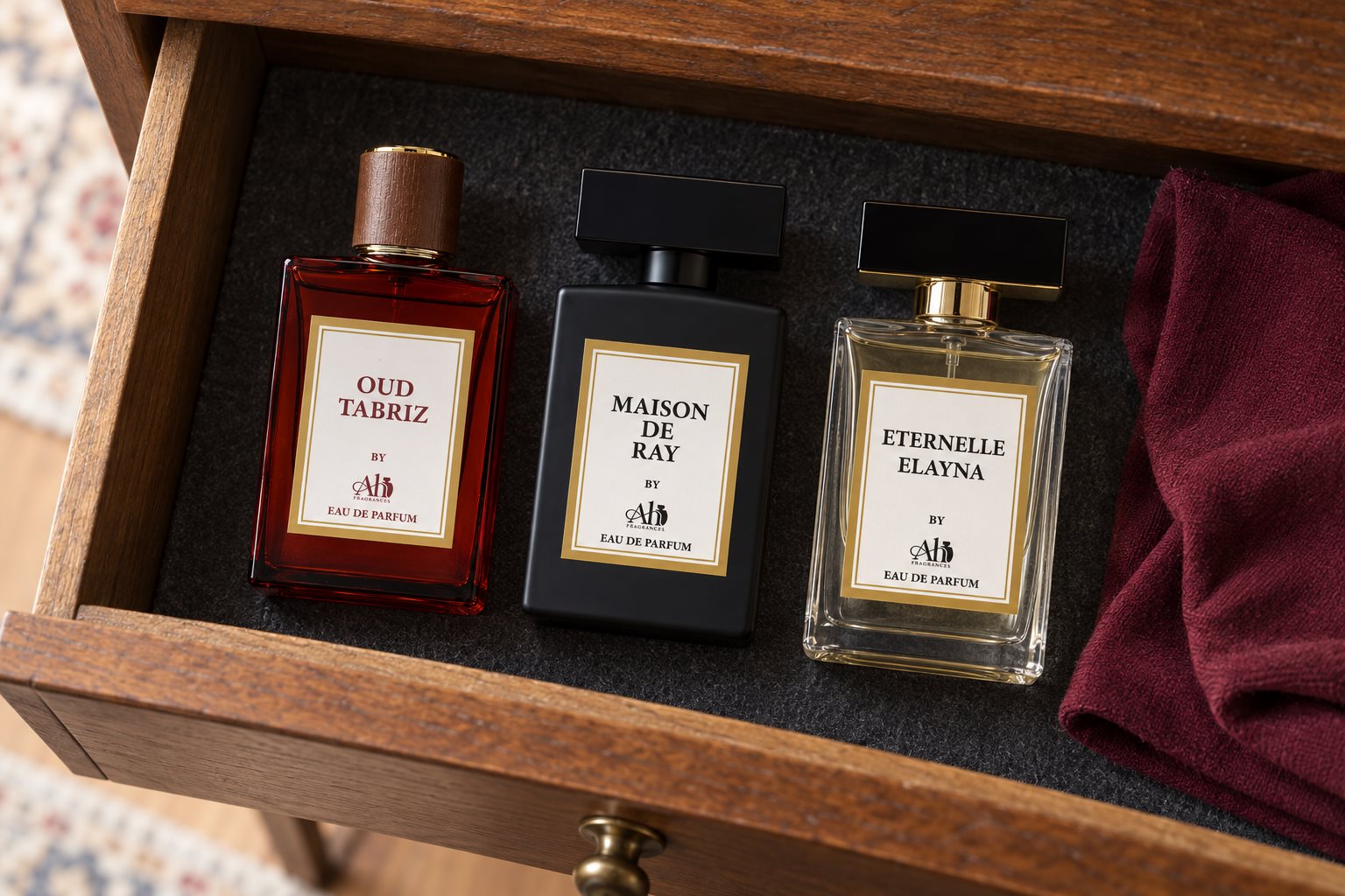 Oud Tabriz, Maison De Ray and Elayna perfume bottles with their caps on, stored in a wooden dresser drawer