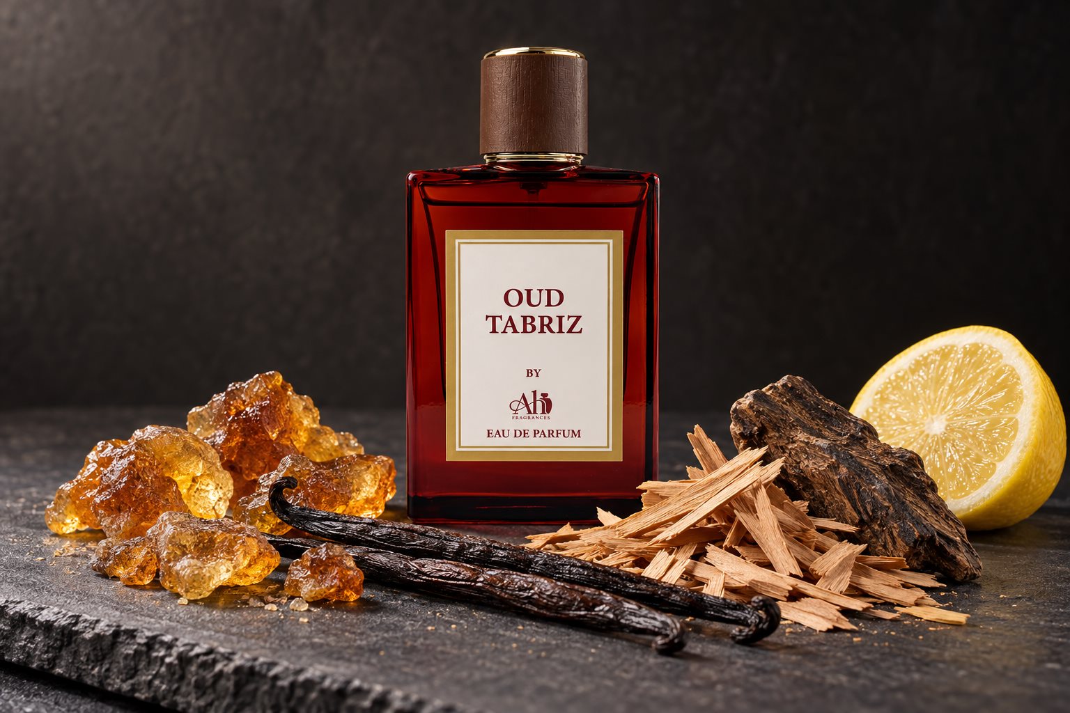 Oud Tabriz perfume bottle with amber resin, sandalwood, oud wood and vanilla pods, base notes that make perfume last longer