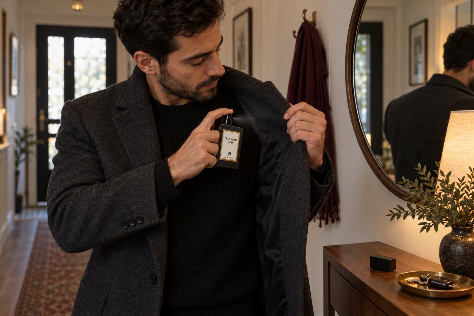 Man spraying perfume onto the inside lining of his wool coat by a hallway mirror